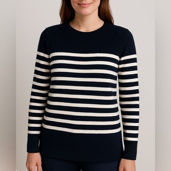 LOFT Navy and White Crew Neck Sweater Nautical Stripes Button Detail Size Medium - Picture 1 of 7